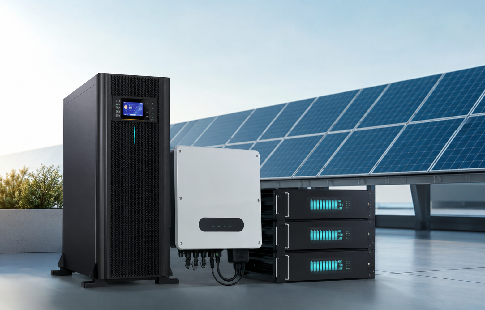UPS en línea, paneles solares, inversor y respaldo energético